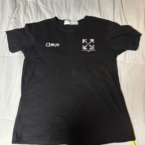 Off-White Black Short Sleeve Logo Tee with Multicolor Floral Accents